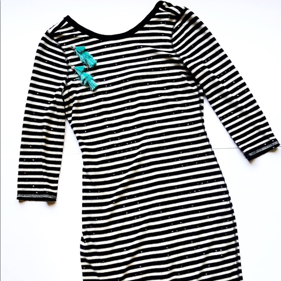 Express Midi Black & White Stripe Sequin Dress - Picture 1 of 5